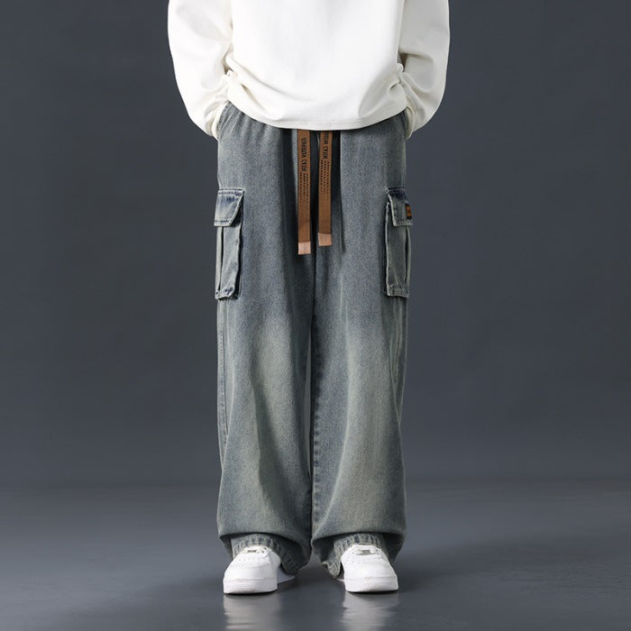 Loose Straight Wide-Leg Draping Jeans for Men